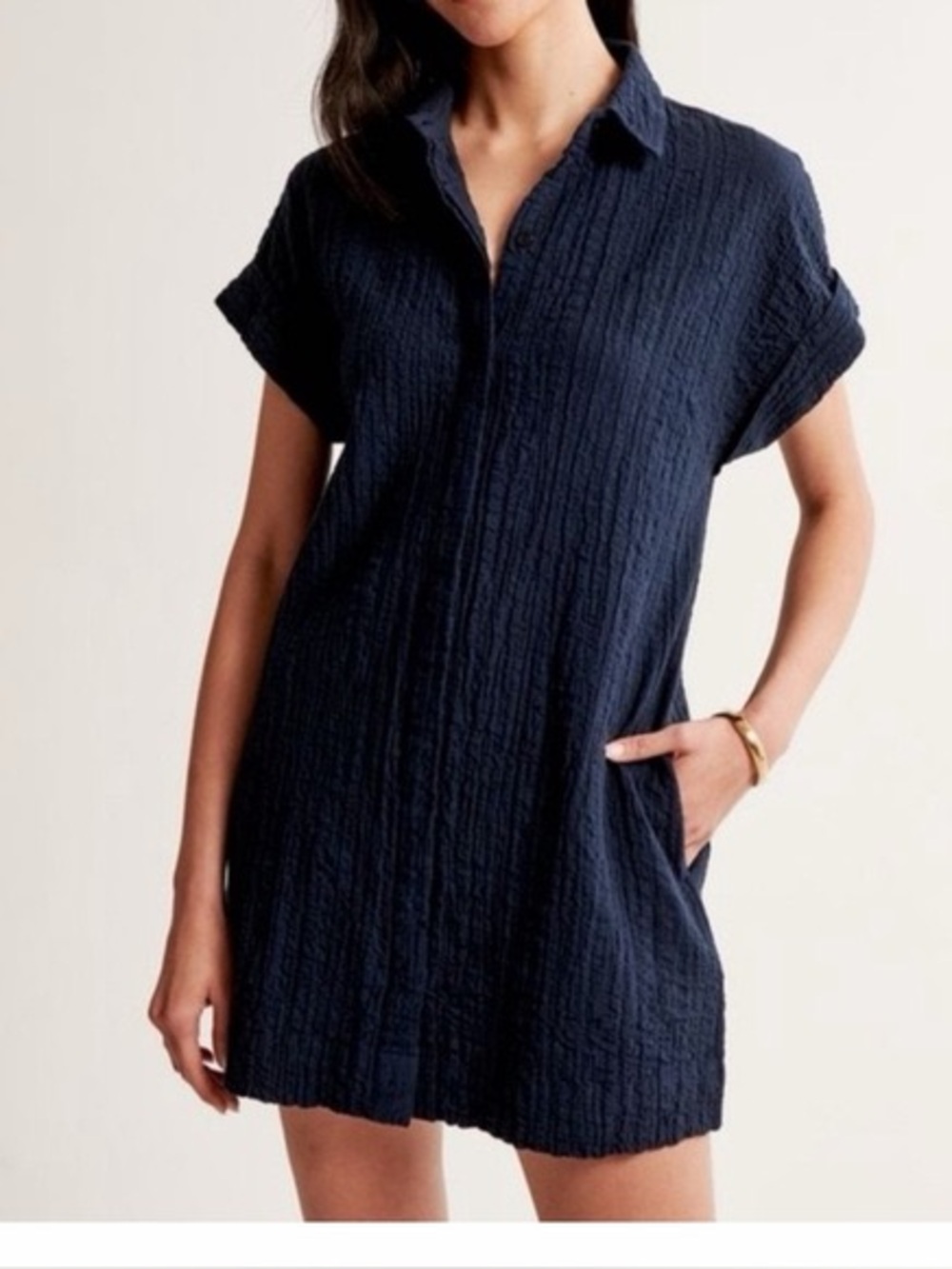 Abercrombie And Fitch Navy Blue Textured Cotton Mini Dress Size L Minimalist